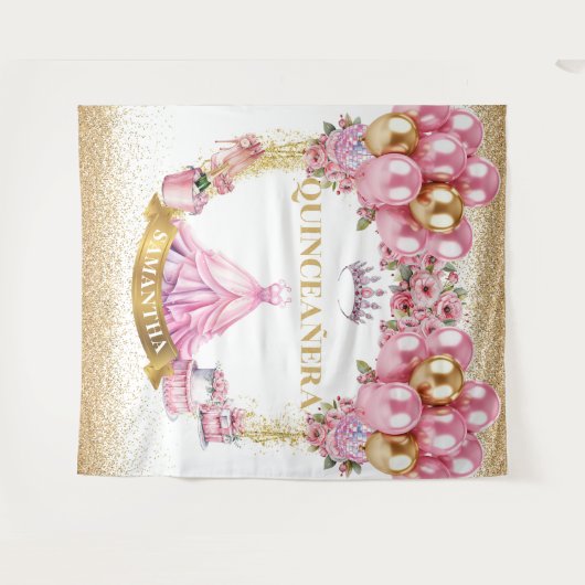 Princess Quinceañera Tapestry Gold Tiara Glam Wandkleed (Voorkant (horizontaal))