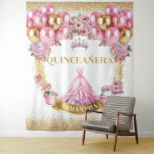 Princess Quinceañera Tapestry Gold Tiara Glam Wandkleed (In situ)