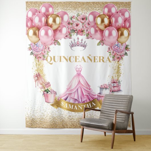 Princess Quinceañera Tapestry Gold Tiara Glam Wandkleed (In situ)