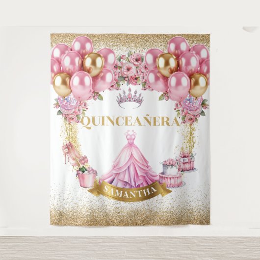 Princess Quinceañera Tapestry Gold Tiara Glam Wandkleed (Voorkant)