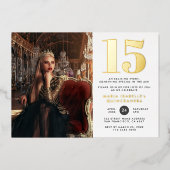 Princess Quinceañera Verjaardag Rood & Goud Folie Uitnodiging (Voorkant)