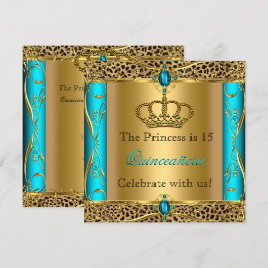 Princess Regal Blauwgroen Leopard Quinceañera Part Kaart (Voorkant / Achterkant)
