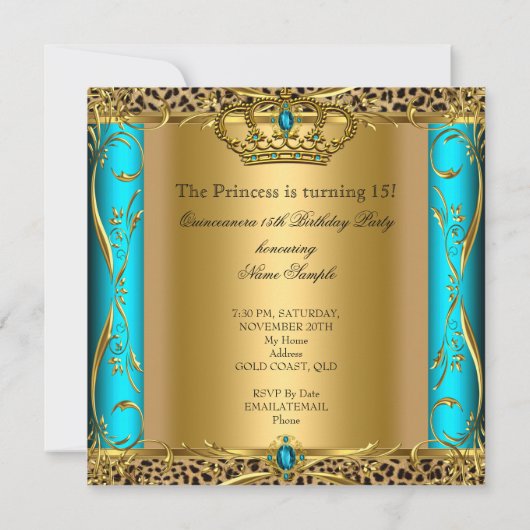 Princess Regal Blauwgroen Leopard Quinceañera Part Kaart (Achterkant)