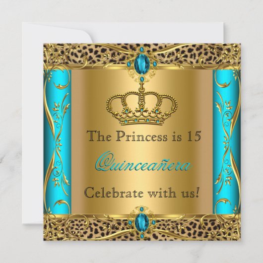 Princess Regal Blauwgroen Leopard Quinceañera Part Kaart (Voorkant)