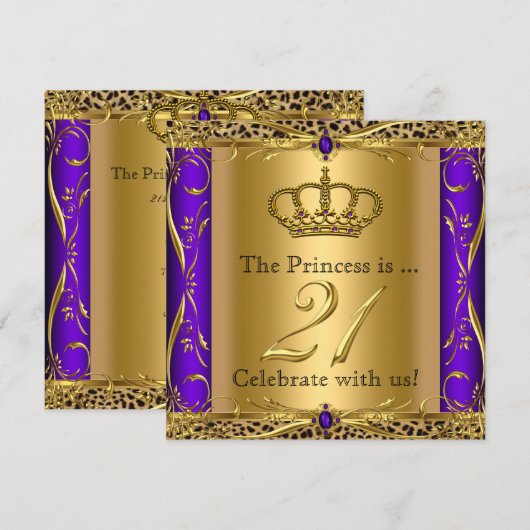 Princess Regal Paars Leopard 21st Birthday Party Kaart (Voorkant / Achterkant)