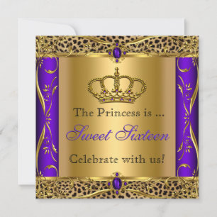 Princess Regal Paars Leopard Sweet 16 Party Kaart