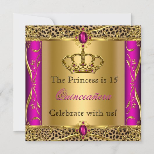 Princess Regal Pink Leopard Quinceañera Partij Kaart (Voorkant)