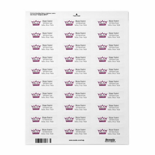 "Princess" Return Address Labels (Full Sheet)