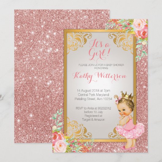 Princess Roos Gold Baby shower Invite Kaart (Voorkant / Achterkant)