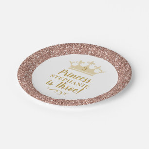 Princess Roos Gold Pink Glitter Crown Birthday Papieren Bordje