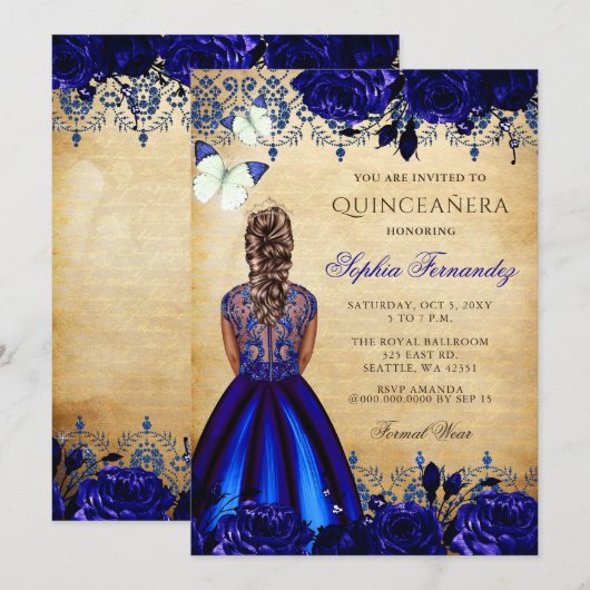 Princess Royal Blue Butterfly Quinceañera Kaart (Voorkant / Achterkant)