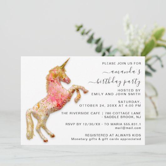 Princess Royal Crown Gold Glitter Pink Unicorn Kaart (Staand voorkant)