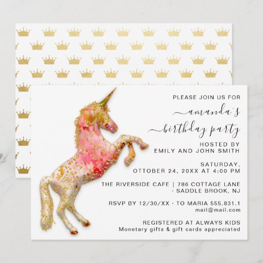 Princess Royal Crown Gold Glitter Pink Unicorn Kaart (Voorkant / Achterkant)