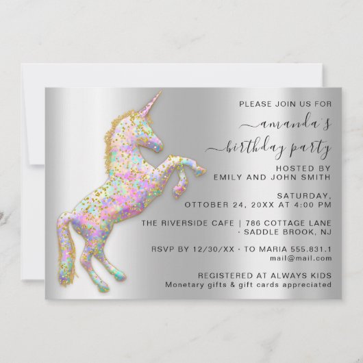 Princess Royal Gold Glitter Unicorn Pink Silver Kaart (Voorkant)