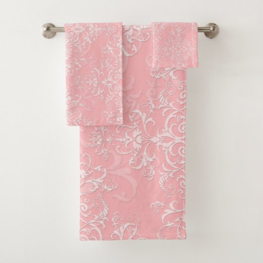 Princess Roze en Wit Damask Badhanddoek Set Bad Handdoek (Insitu)