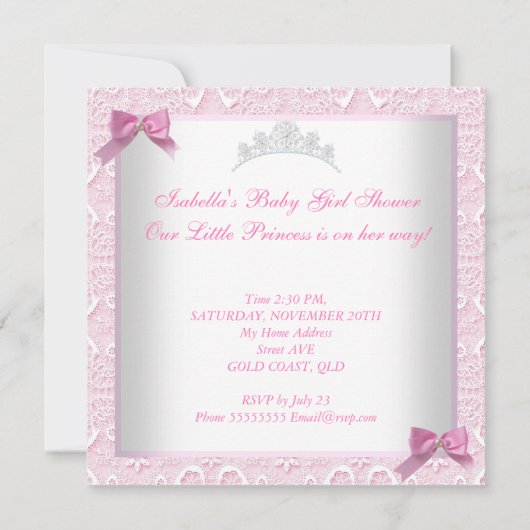 Princess Schattige Baby shower  Roze Kant Kaart (Achterkant)