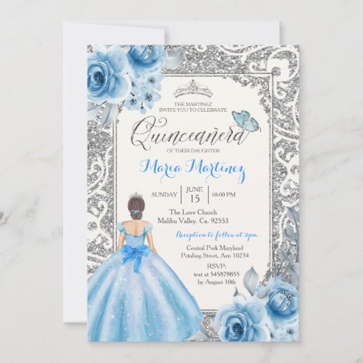 Princess Silver en Blue Rozen Mis Quince Kaart (Voorkant)