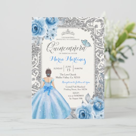 Princess Silver en Blue Rozen Mis Quince Kaart (Staand voorkant)