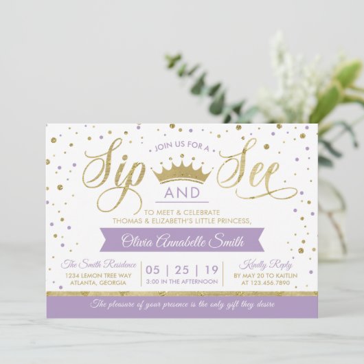 Princess Sip and See Baby shower Invitation Kaart (Staand voorkant)