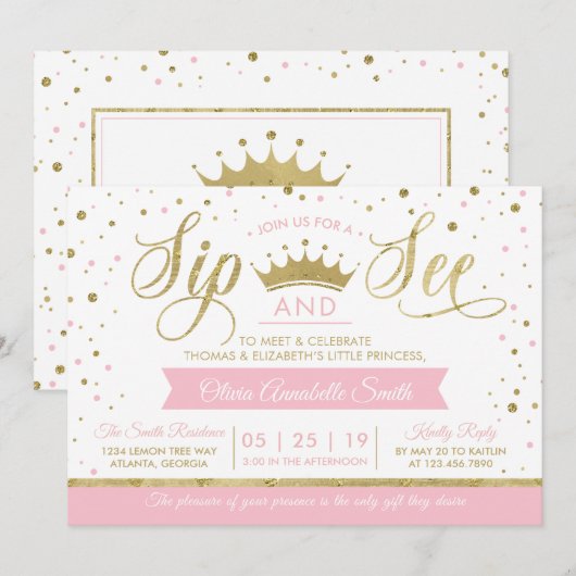 Princess Sip and See Baby shower Invitation Kaart (Voorkant / Achterkant)