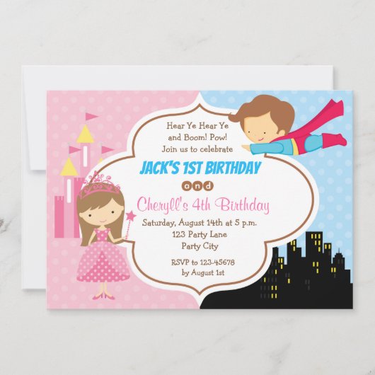 Princess Superheld Twins Birthday Invitations Kaart (Voorkant)