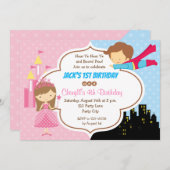 Princess Superheld Twins Birthday Invitations Kaart (Voorkant / Achterkant)