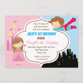 Princess Superheld Twins Birthday Invitations Kaart