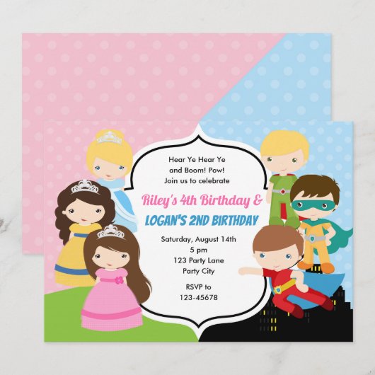 Princess Superhero Uitnodiging Twins Joint (Voorkant / Achterkant)
