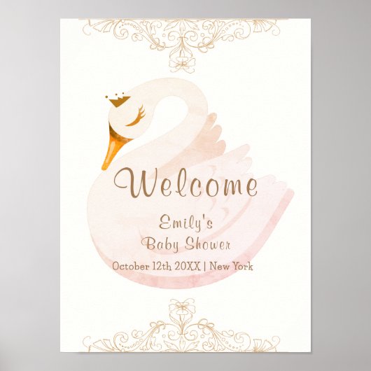  Princess Swan Girl Baby shower Welkom Poster (Voorkant)
