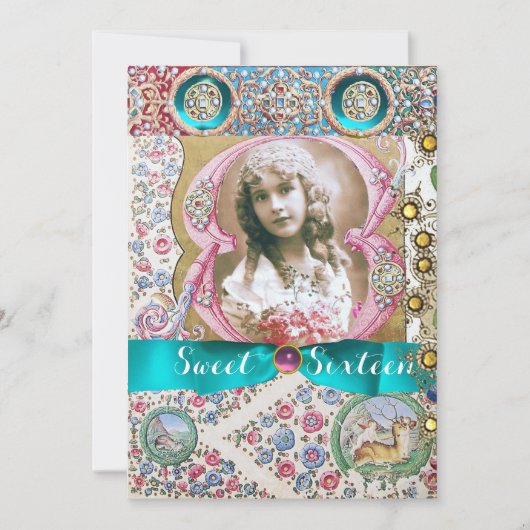 PRINCESS SWEET 16 BIRTHDAY PARTY, FLORAL GEMSTONES KAART (Voorkant)