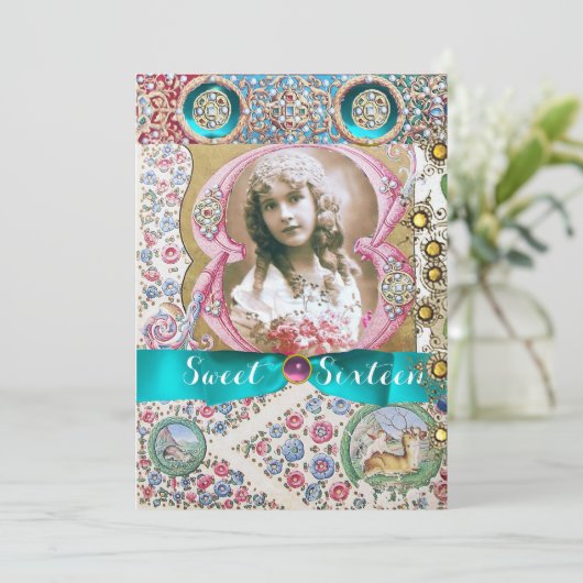 PRINCESS SWEET 16 BIRTHDAY PARTY, FLORAL GEMSTONES KAART (Staand voorkant)