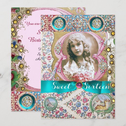 PRINCESS SWEET 16 BIRTHDAY PARTY, FLORAL GEMSTONES KAART (Voorkant / Achterkant)