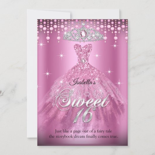 Princess Sweet 16 Birthday Pink Dress Tiara Kaart (Voorkant)