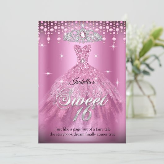 Princess Sweet 16 Birthday Pink Dress Tiara Kaart (Staand voorkant)