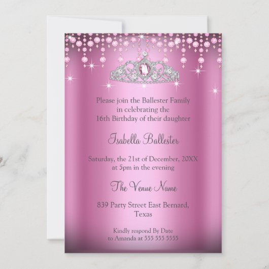 Princess Sweet 16 Birthday Pink Dress Tiara Kaart (Achterkant)