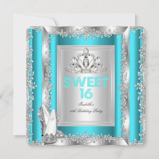 Princess Sweet 16 Blauwgroen Blue Aqua Silver Shoe Kaart (Voorkant)
