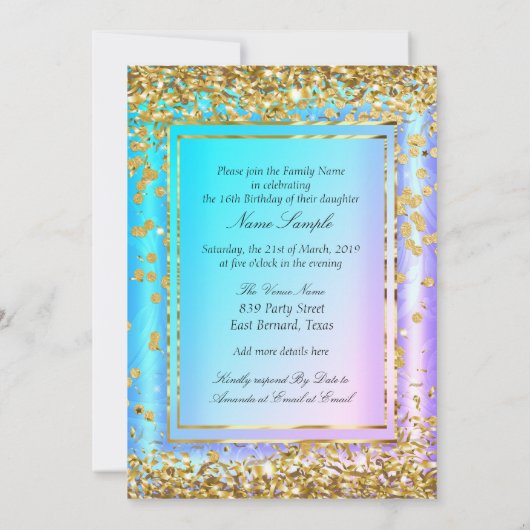 Princess Sweet 16 Gold Blauwgroen Paars Party Kaart (Achterkant)