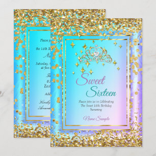 Princess Sweet 16 Gold Blauwgroen Paars Party Kaart