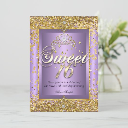 Princess Sweet 16 Gold Lavender Paarse Party Kaart (Staand voorkant)