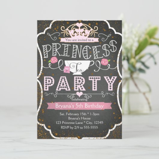 PRINCESS TEA PARTITY Birthday Glitter Invitter Kaart (Staand voorkant)