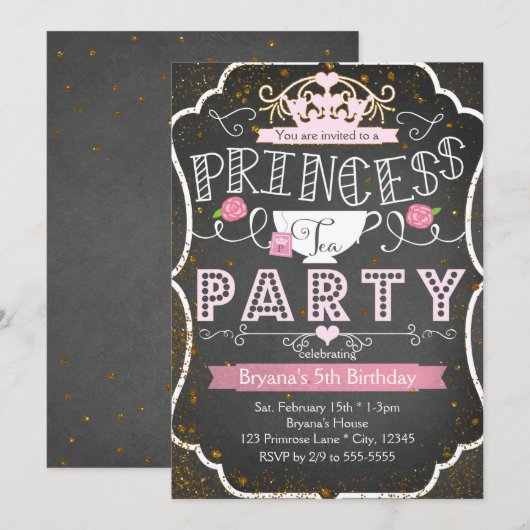 PRINCESS TEA PARTITY Birthday Glitter Invitter Kaart (Voorkant / Achterkant)