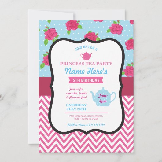 Princess Tea Party Alice Pink Birthday Invite Kaart (Voorkant)