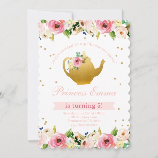 Princess Tea Party Birthday Floral Glitter Kaart (Voorkant)