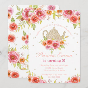 Princess Tea Party Birthday Floral Glitter Kaart