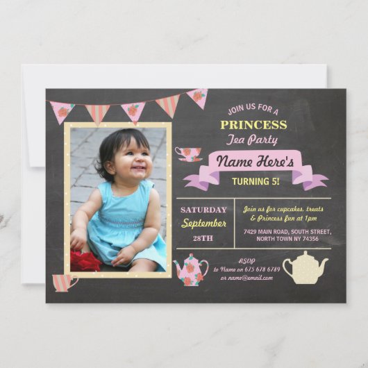 Princess Tea Party Chalk Pink Birthday Invite Kaart (Voorkant)