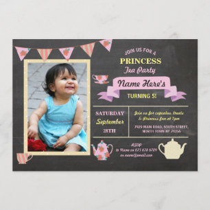 Princess Tea Party Chalk Pink Birthday Invite Kaart