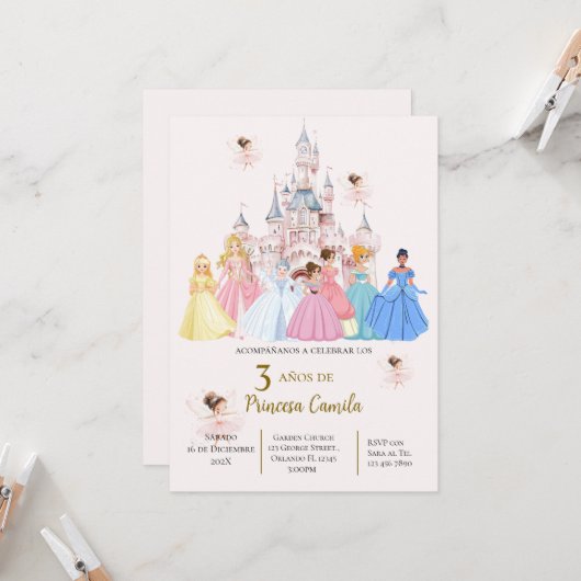 Princess Third Birthday Invitation at Her Castle Kaart (Voorkant / Achterkant in situ)