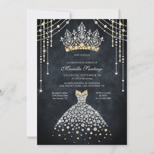 Princess Tiara Crown Dress Quinceanera Invitation Kaart (Voorkant)