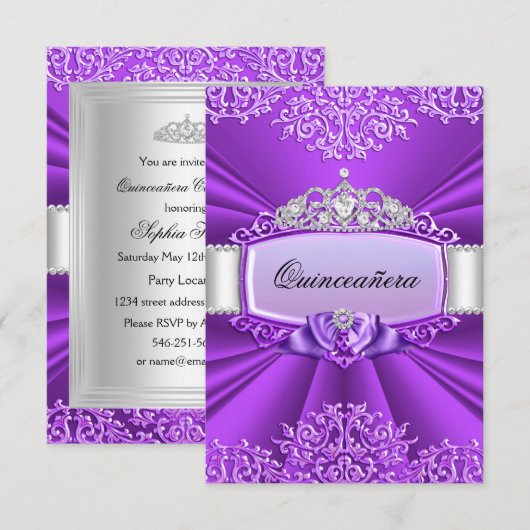 Princess Tiara & Damask Quinceanera Uitnodiging (Voorkant / Achterkant)