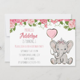 Princess Tiara Elephant Pink Floral 1e verjaardag Kaart